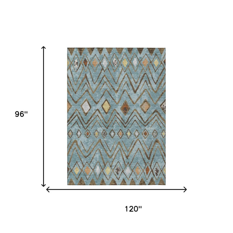 8' X 10' Teal Blue And Silver Geometric Washable Indoor Outdoor Area Rug Homeroots Outdoor