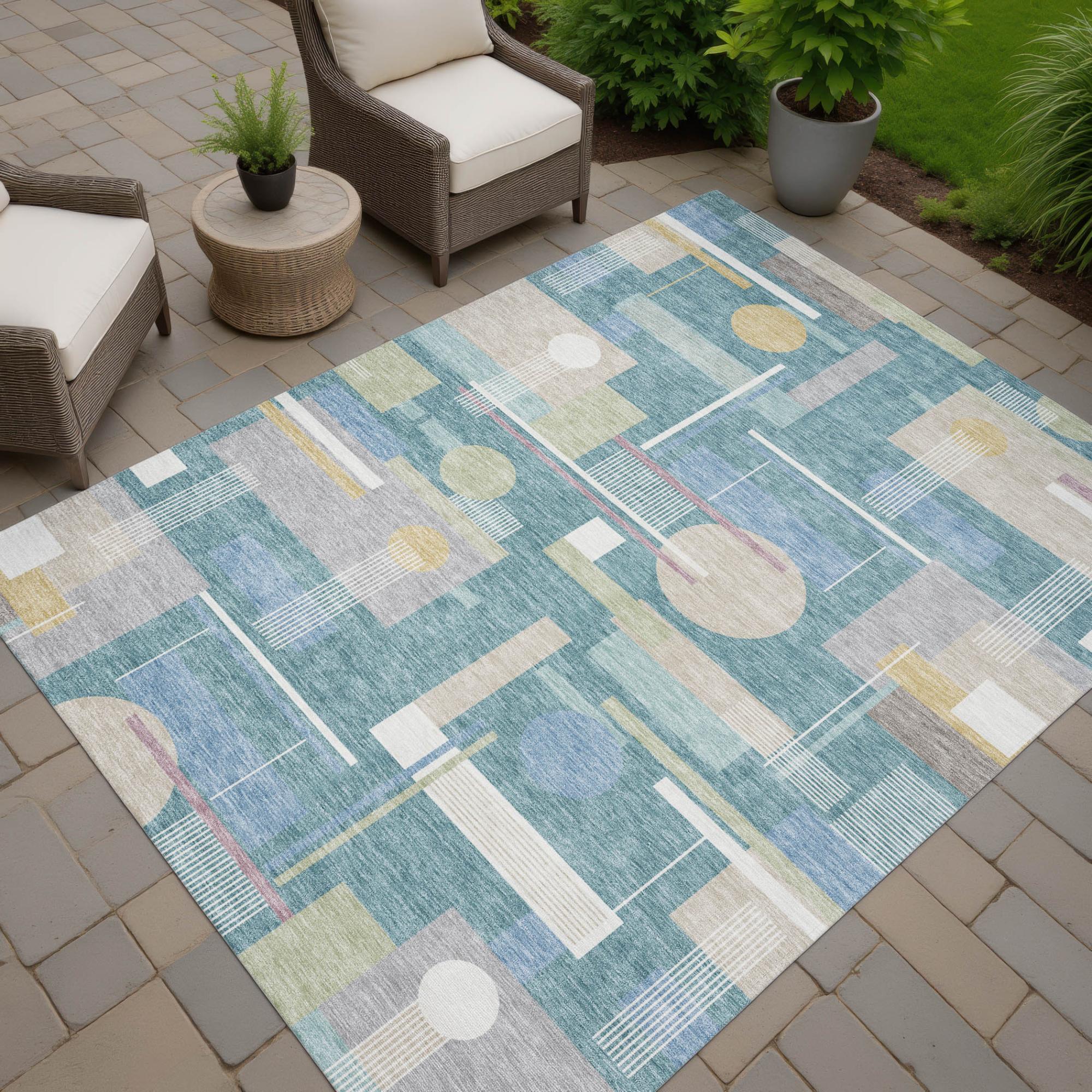 8' X 10' Teal Blue And Silver Geometric Washable Indoor Outdoor Area Rug Homeroots Outdoor