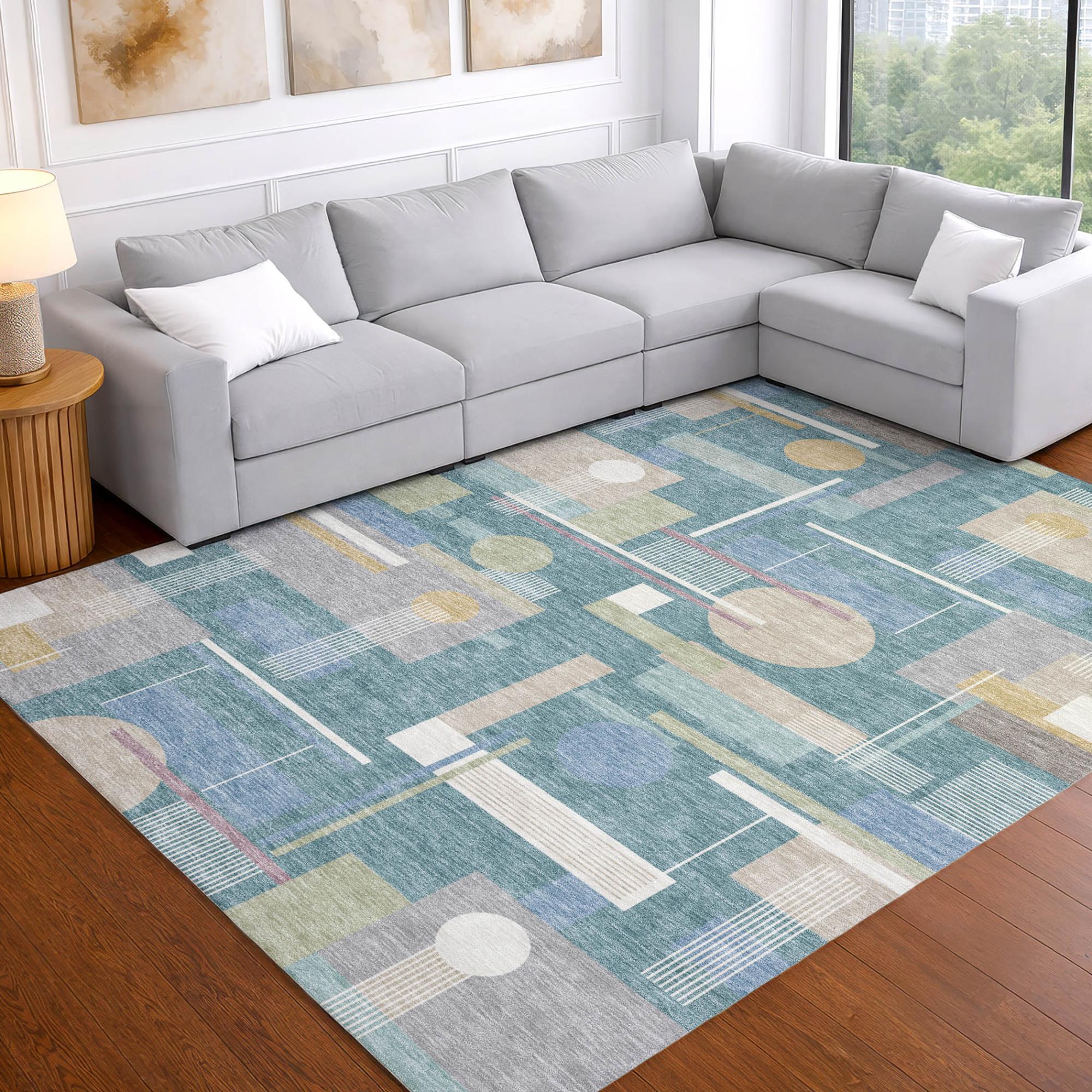 8' X 10' Teal Blue And Silver Geometric Washable Indoor Outdoor Area Rug Homeroots Outdoor