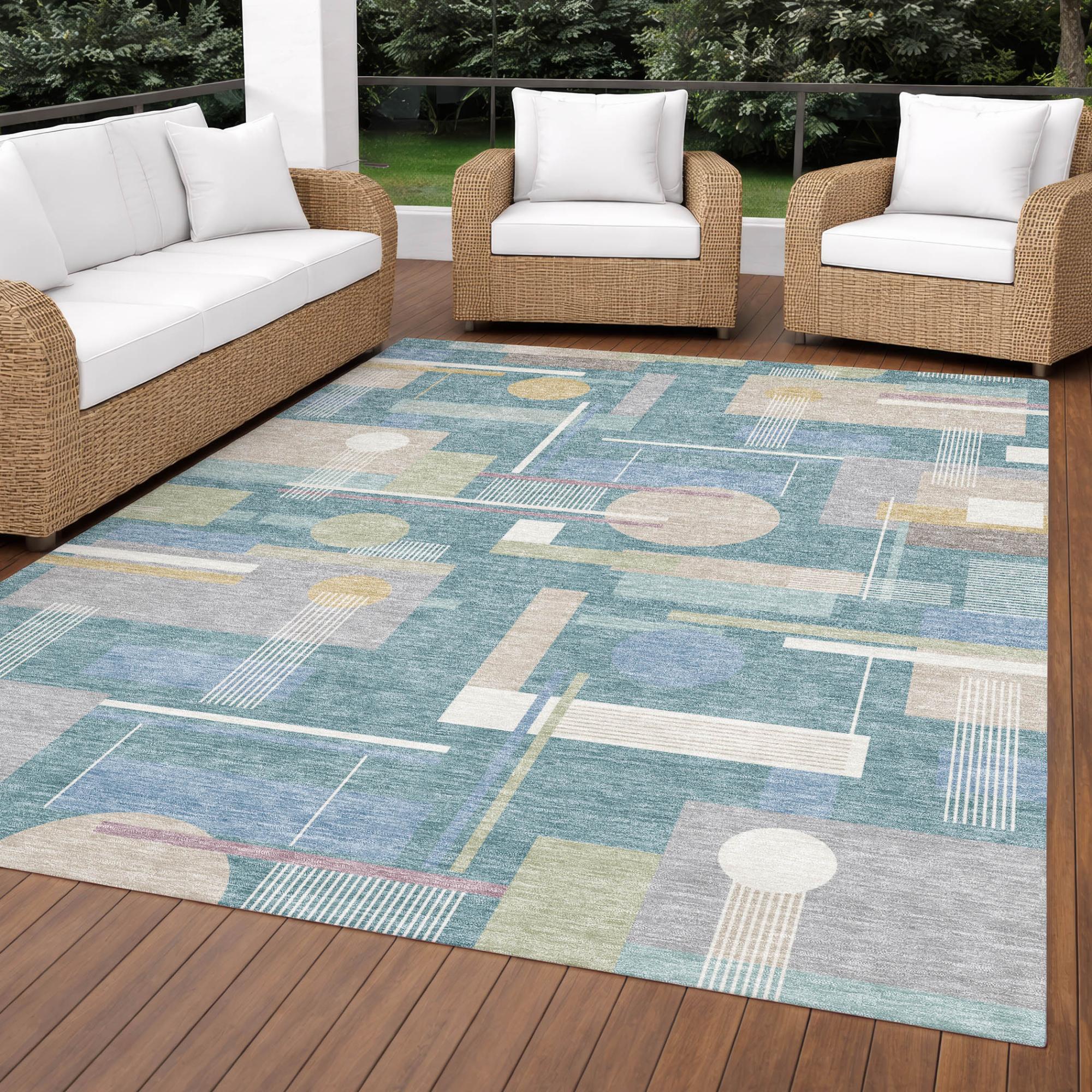 8' X 10' Teal Blue And Silver Geometric Washable Indoor Outdoor Area Rug Homeroots Outdoor