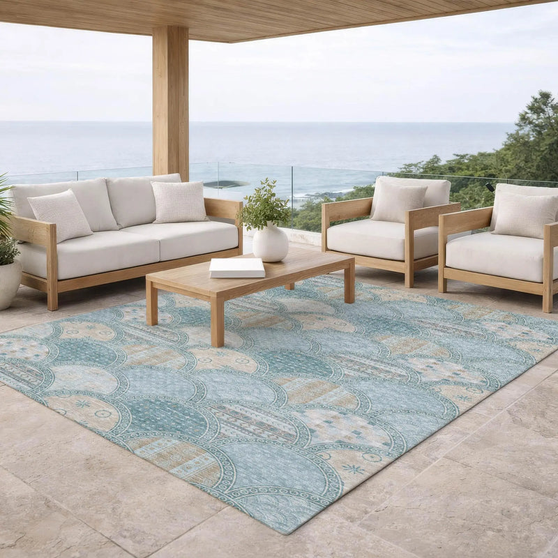 8' X 10' Teal Blue And Silver Geometric Washable Indoor Outdoor Area Rug Homeroots Outdoor