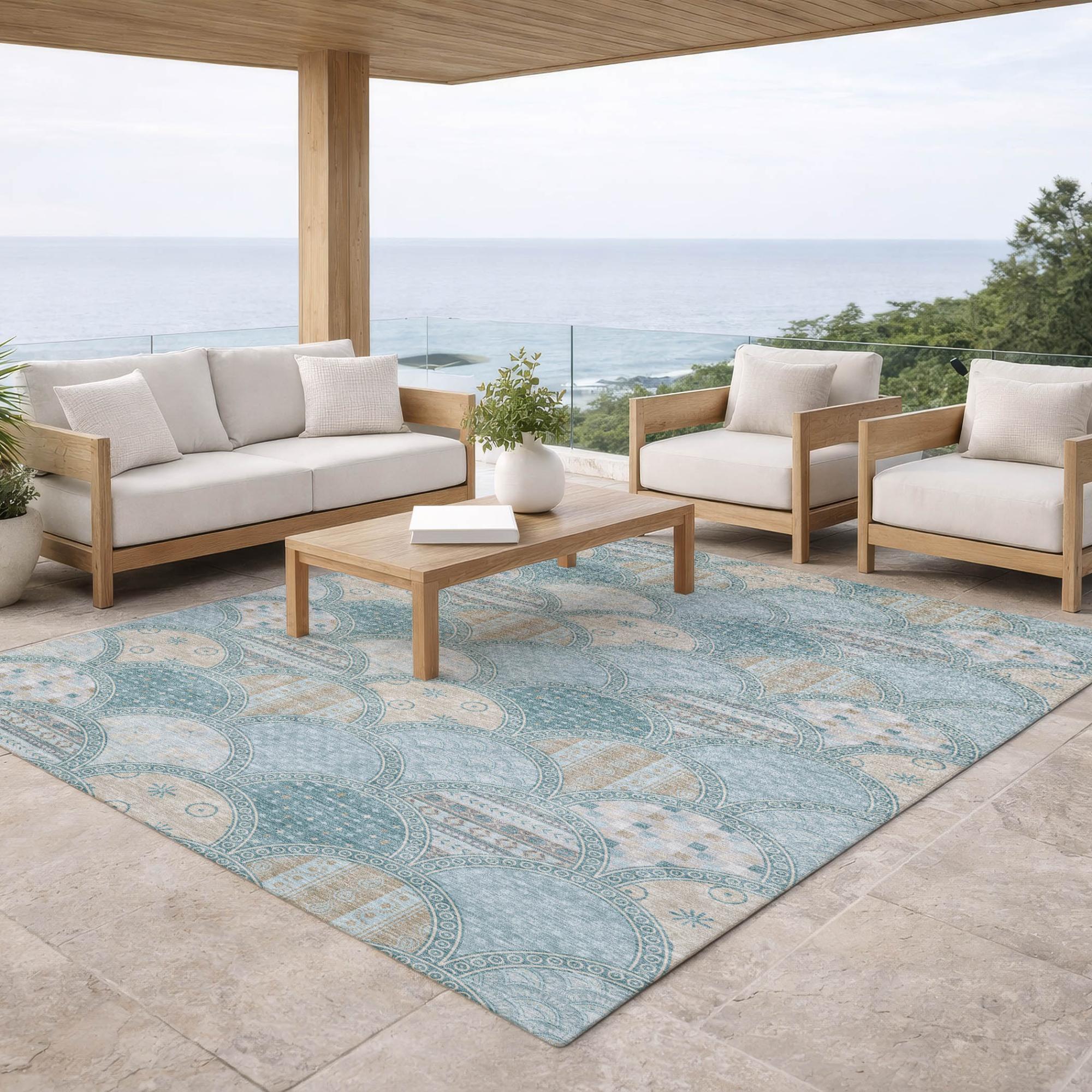 8' X 10' Teal Blue And Silver Geometric Washable Indoor Outdoor Area Rug Homeroots Outdoor