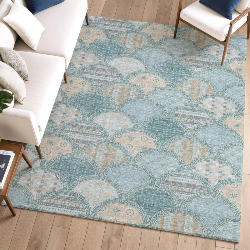 8' X 10' Teal Blue And Silver Geometric Washable Indoor Outdoor Area Rug Homeroots Outdoor