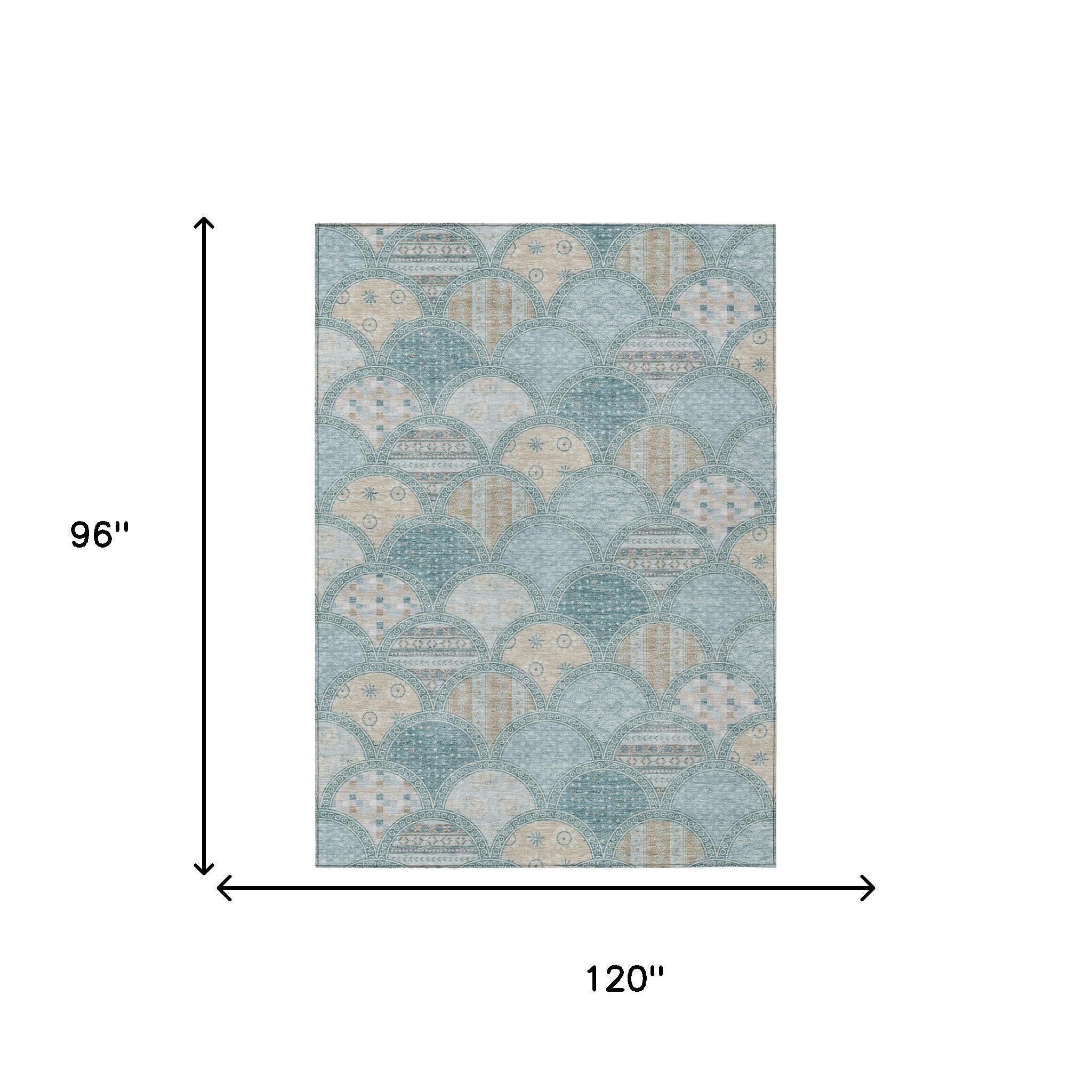 8' X 10' Teal Blue And Silver Geometric Washable Indoor Outdoor Area Rug Homeroots Outdoor