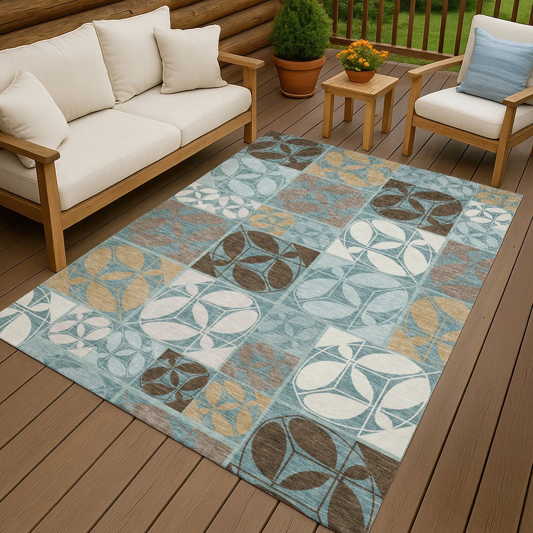 8' X 10' Teal Blue And Silver Geometric Washable Indoor Outdoor Area Rug Homeroots Outdoor