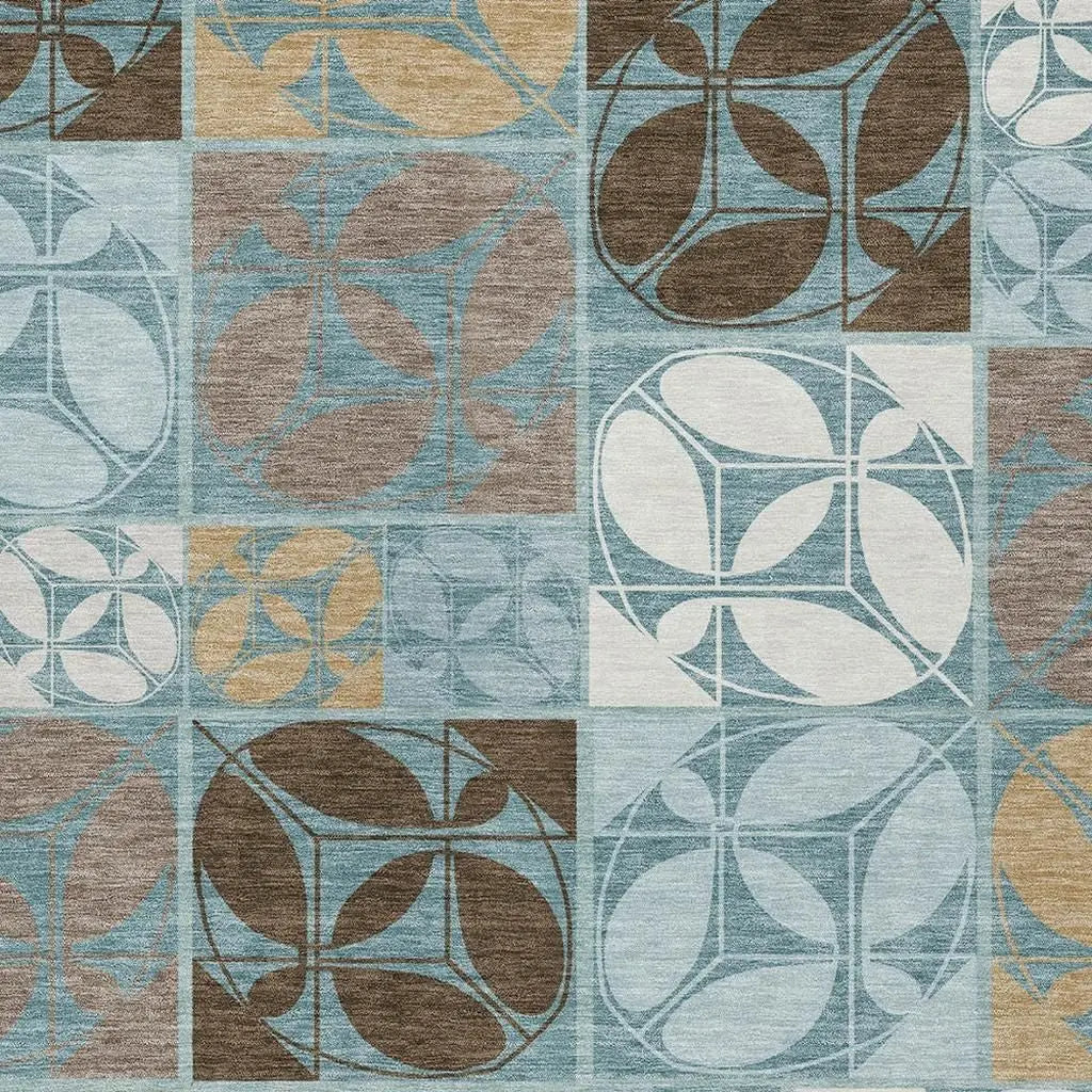 8' X 10' Teal Blue And Silver Geometric Washable Indoor Outdoor Area Rug Homeroots Outdoor