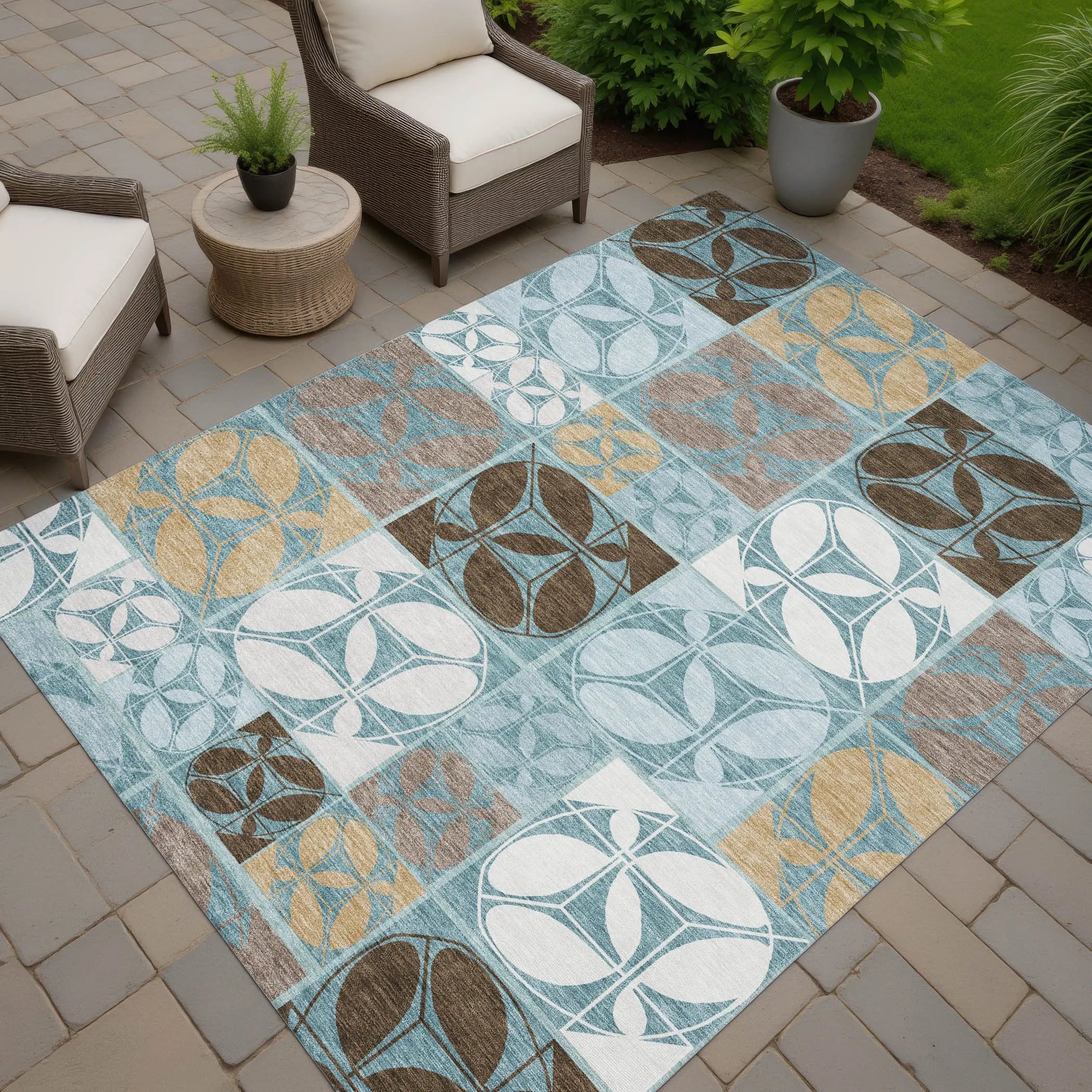 8' X 10' Teal Blue And Silver Geometric Washable Indoor Outdoor Area Rug Homeroots Outdoor