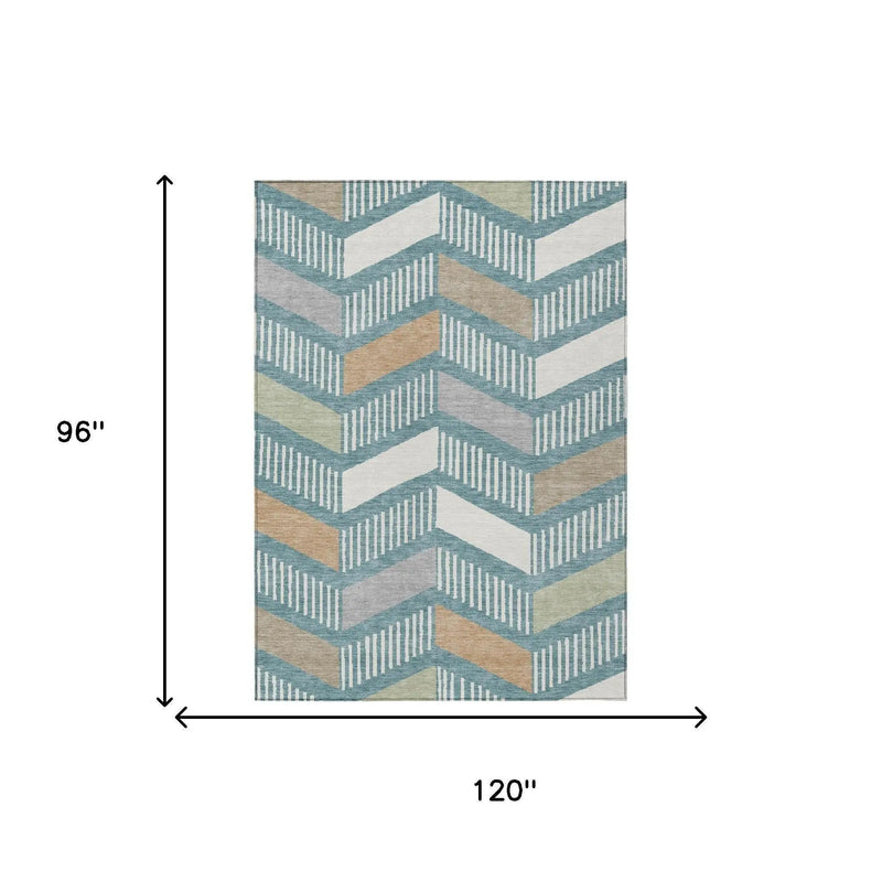 8' X 10' Teal Blue And Silver Geometric Washable Indoor Outdoor Area Rug Homeroots Outdoor