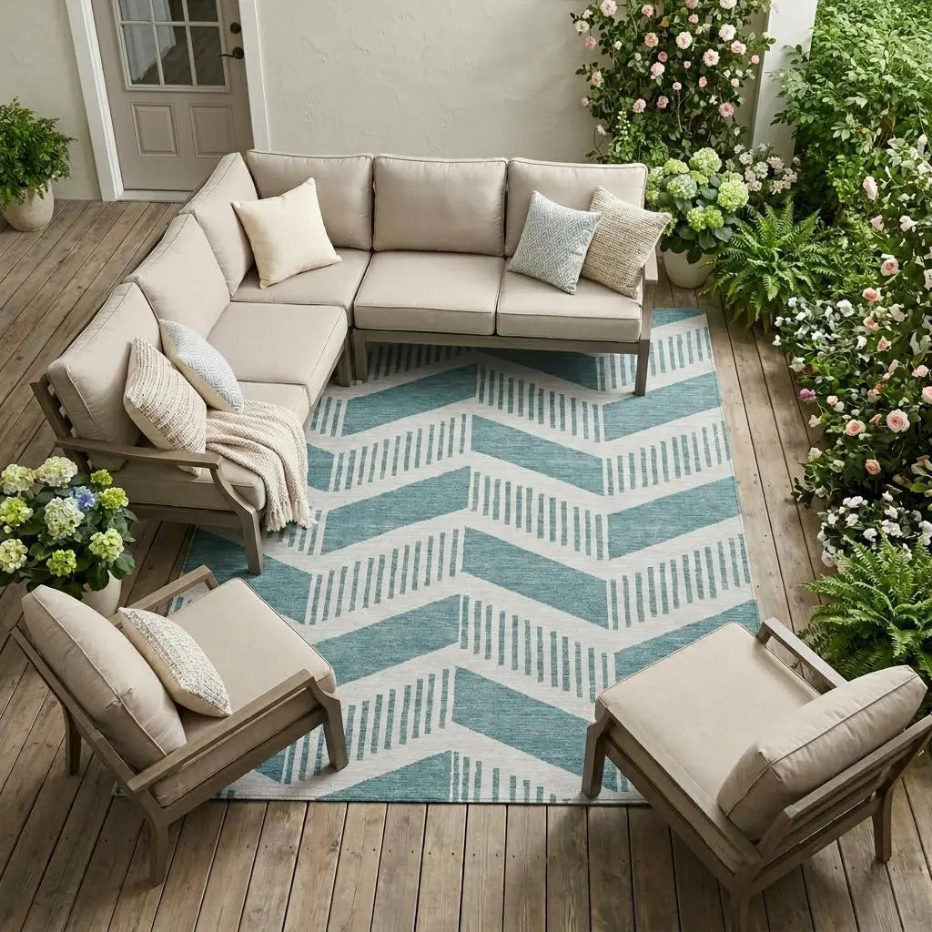 8' X 10' Teal Blue And Silver Geometric Washable Indoor Outdoor Area Rug Homeroots Outdoor