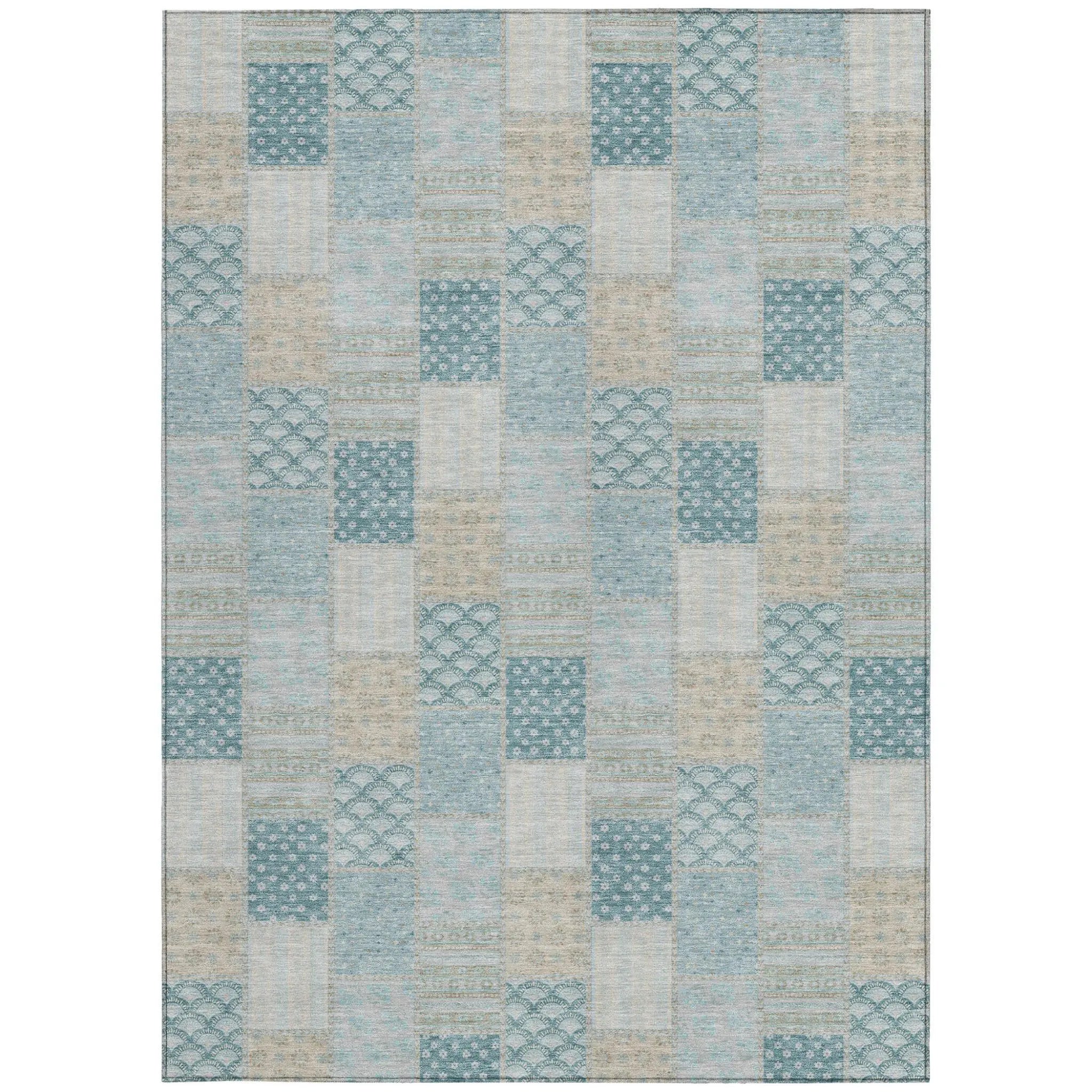 8' X 10' Teal Blue And Silver Patchwork Washable Indoor Outdoor Area Rug Homeroots Outdoor