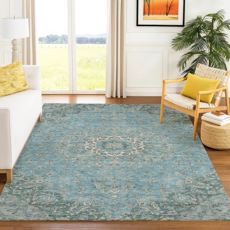 8' X 10' Teal Blue And Turquoise Floral Medallion Washable Indoor Outdoor Area Rug Homeroots Outdoor