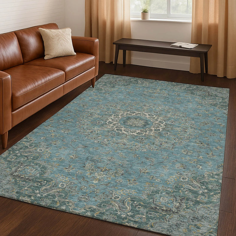 8' X 10' Teal Blue And Turquoise Floral Medallion Washable Indoor Outdoor Area Rug Homeroots Outdoor