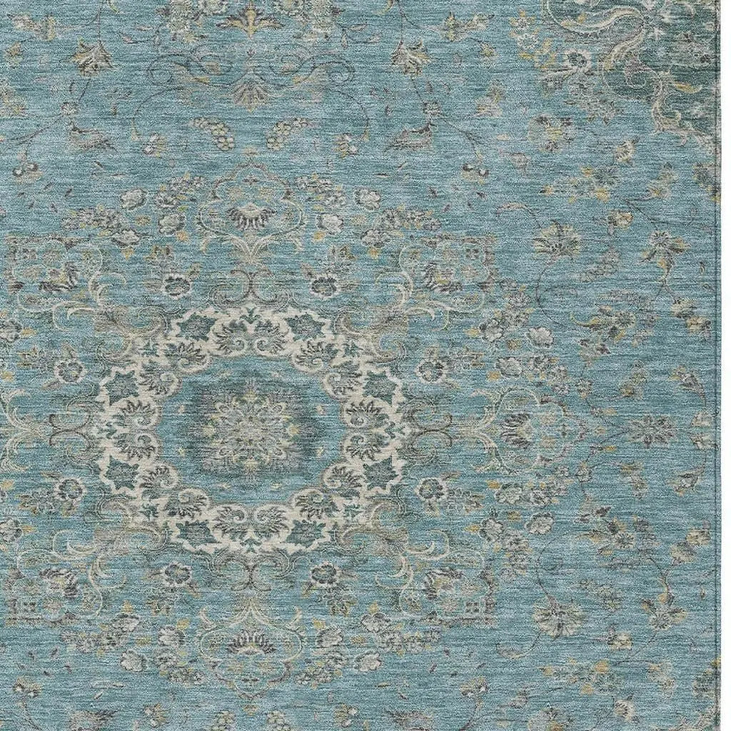 8' X 10' Teal Blue And Turquoise Floral Medallion Washable Indoor Outdoor Area Rug Homeroots Outdoor