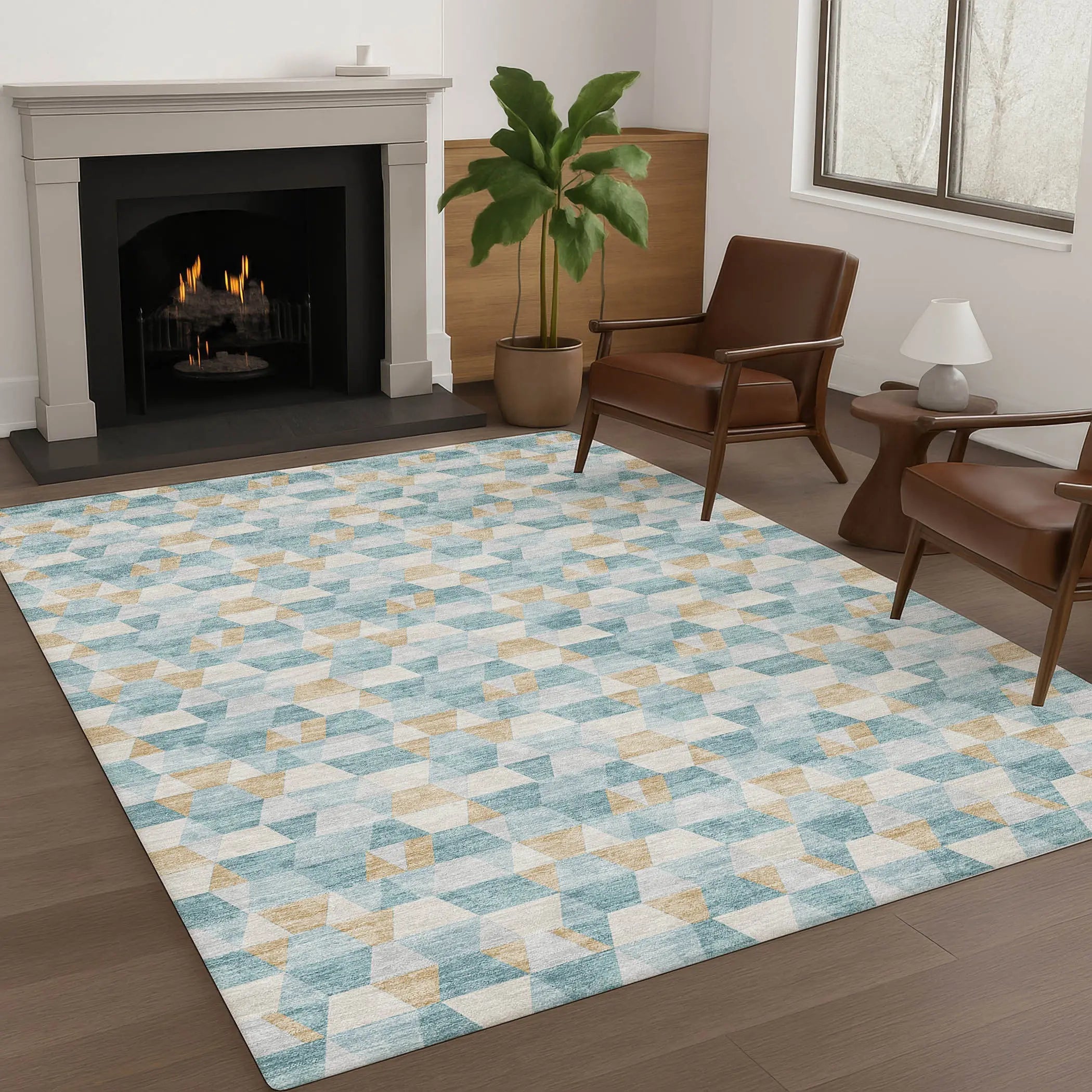 8' X 10' Teal Blue And Walnut Geometric Washable Indoor Outdoor Area Rug Homeroots Outdoor