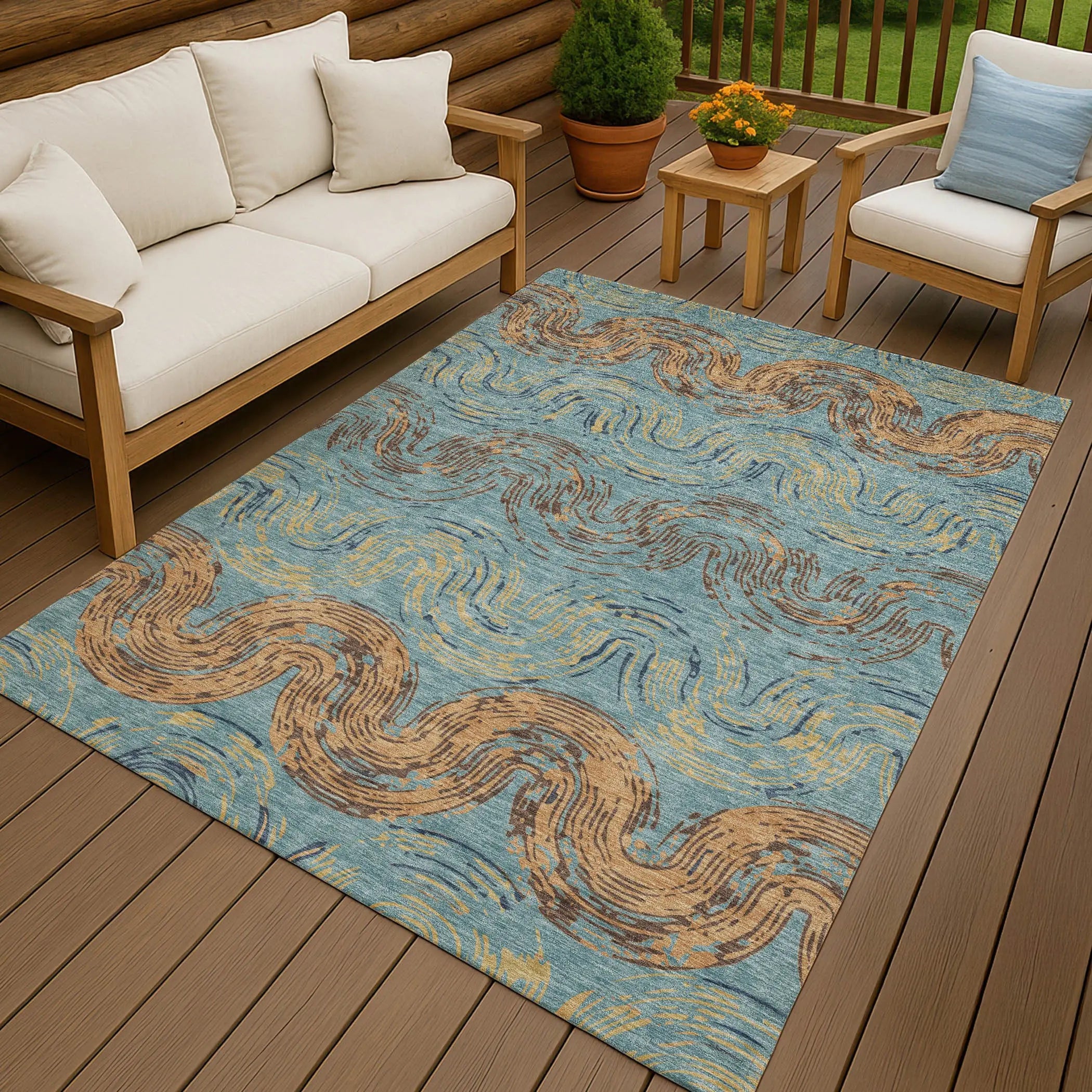 8' X 10' Teal Blue And Wheat Abstract Washable Indoor Outdoor Area Rug Homeroots Outdoor