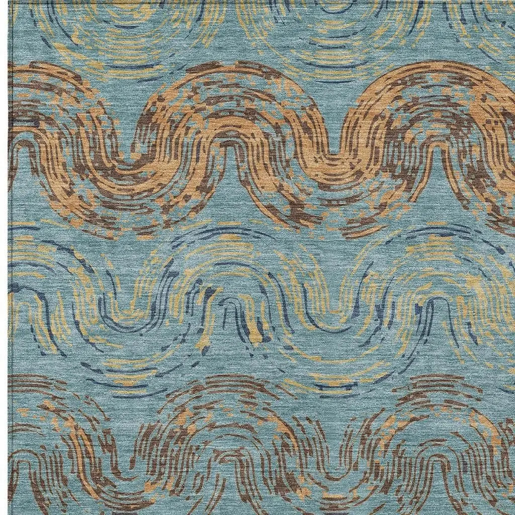 8' X 10' Teal Blue And Wheat Abstract Washable Indoor Outdoor Area Rug Homeroots Outdoor