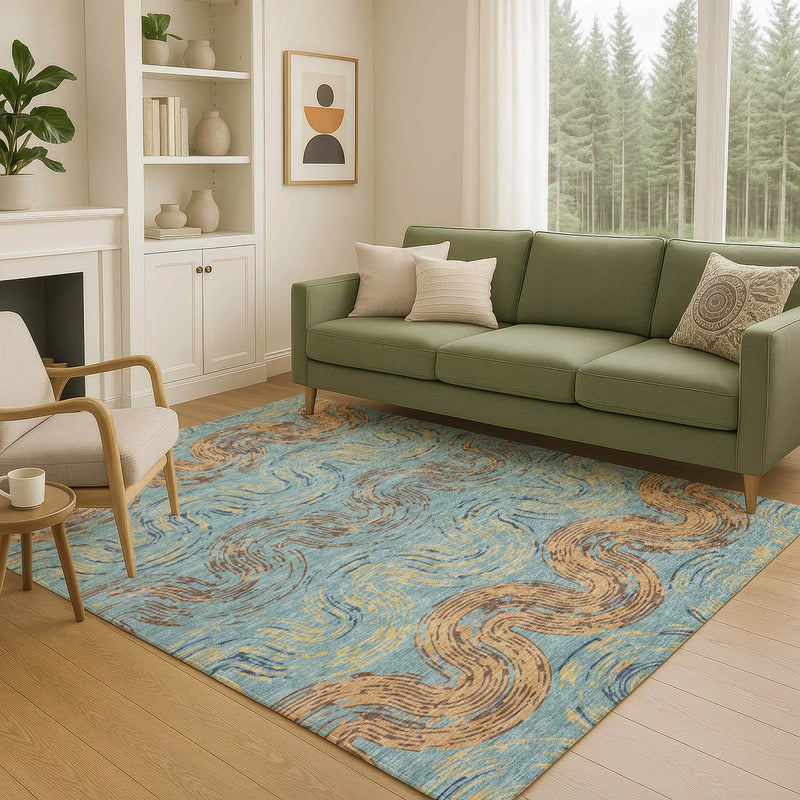 8' X 10' Teal Blue And Wheat Abstract Washable Indoor Outdoor Area Rug Homeroots Outdoor