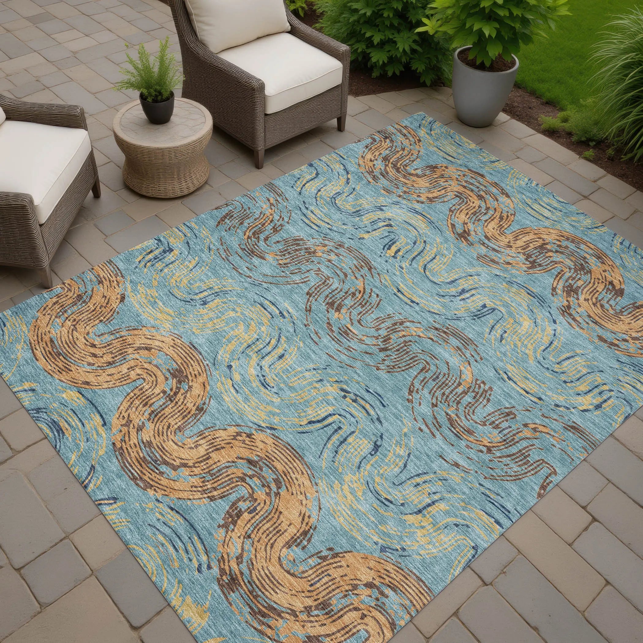 8' X 10' Teal Blue And Wheat Abstract Washable Indoor Outdoor Area Rug Homeroots Outdoor