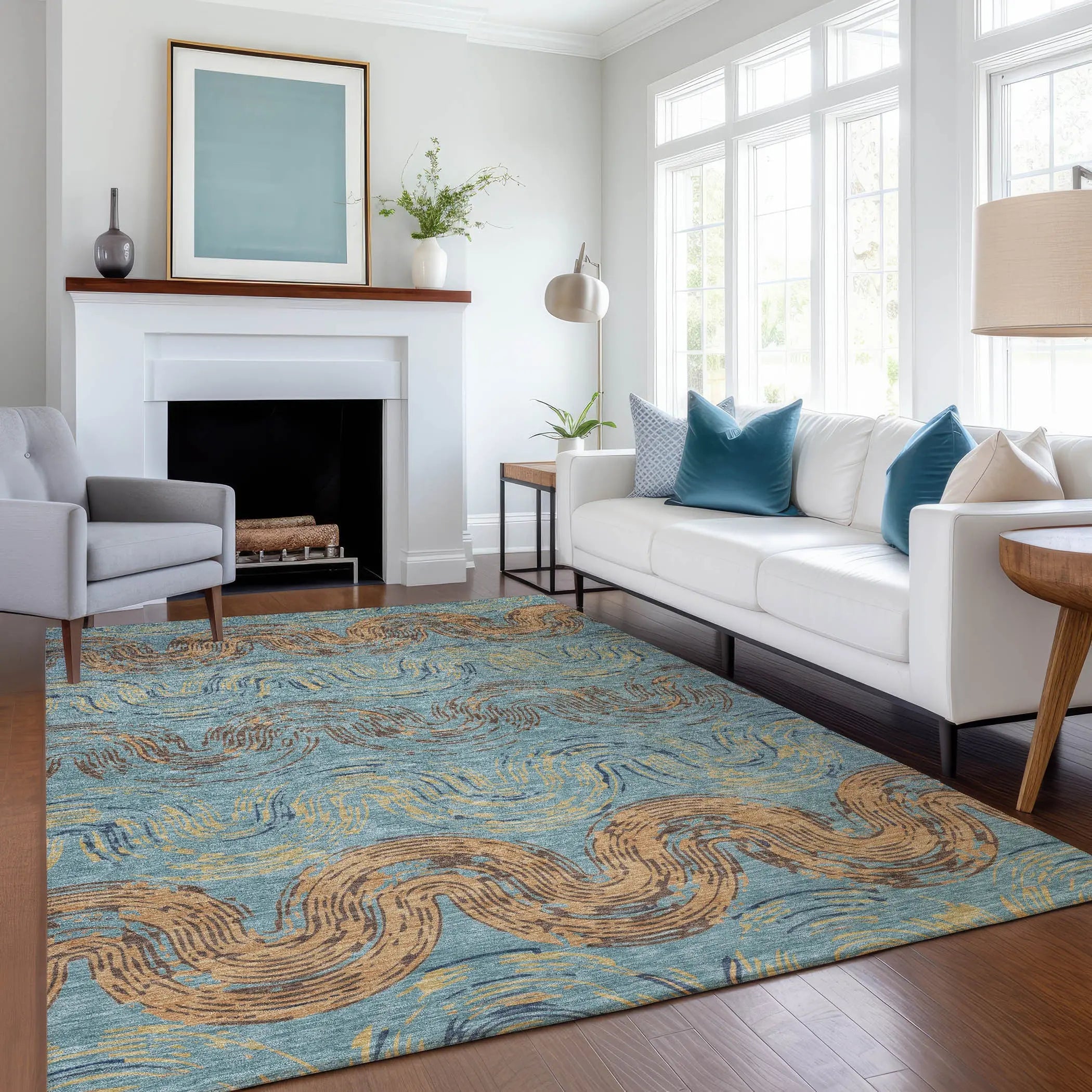 8' X 10' Teal Blue And Wheat Abstract Washable Indoor Outdoor Area Rug Homeroots Outdoor