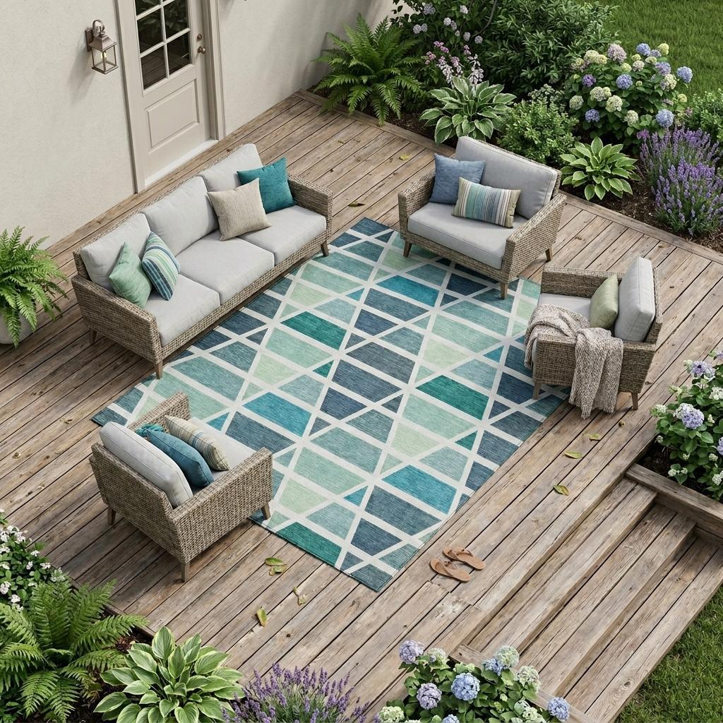 8' X 10' Teal Blue And White Geometric Washable Indoor Outdoor Area Rug Homeroots Outdoor