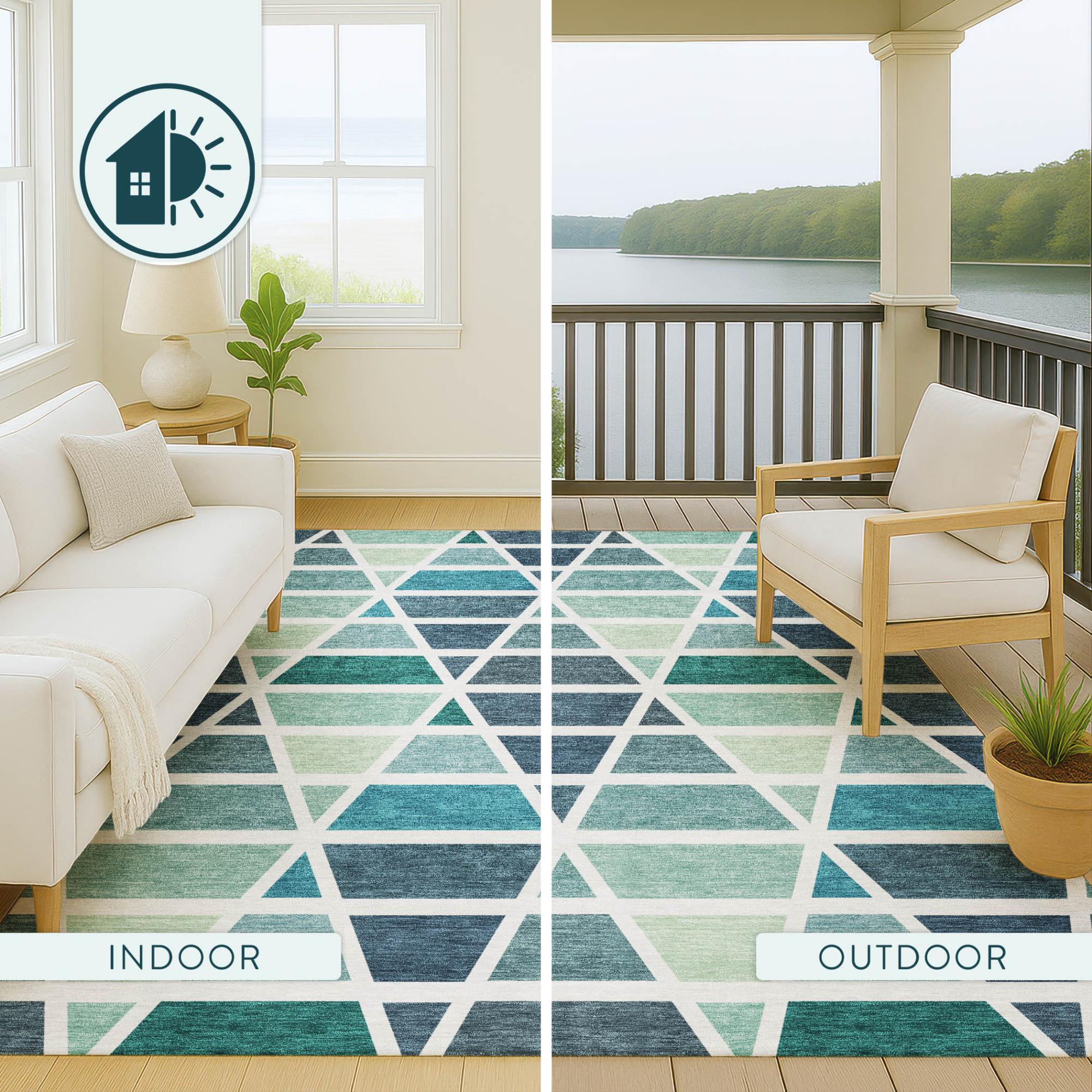 8' X 10' Teal Blue And White Geometric Washable Indoor Outdoor Area Rug Homeroots Outdoor