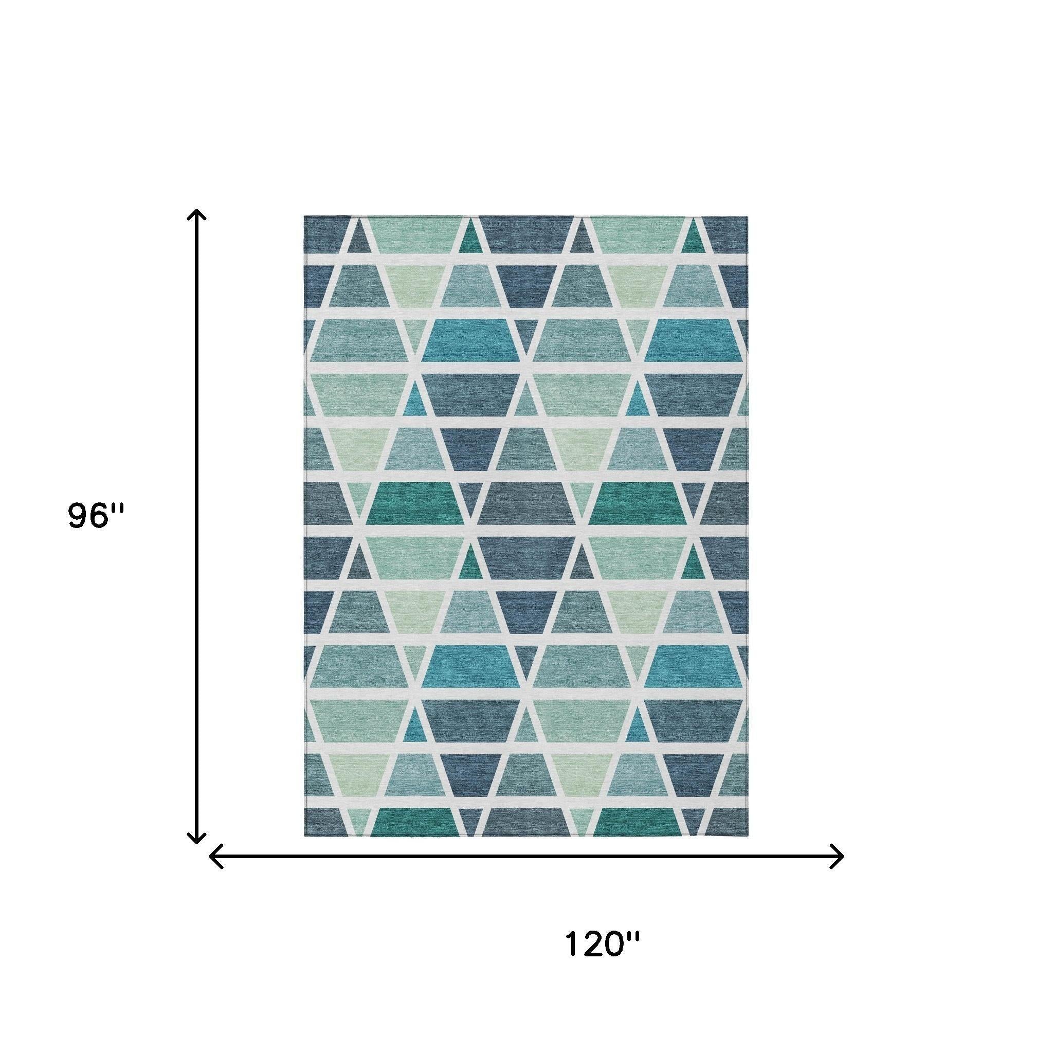 8' X 10' Teal Blue And White Geometric Washable Indoor Outdoor Area Rug Homeroots Outdoor