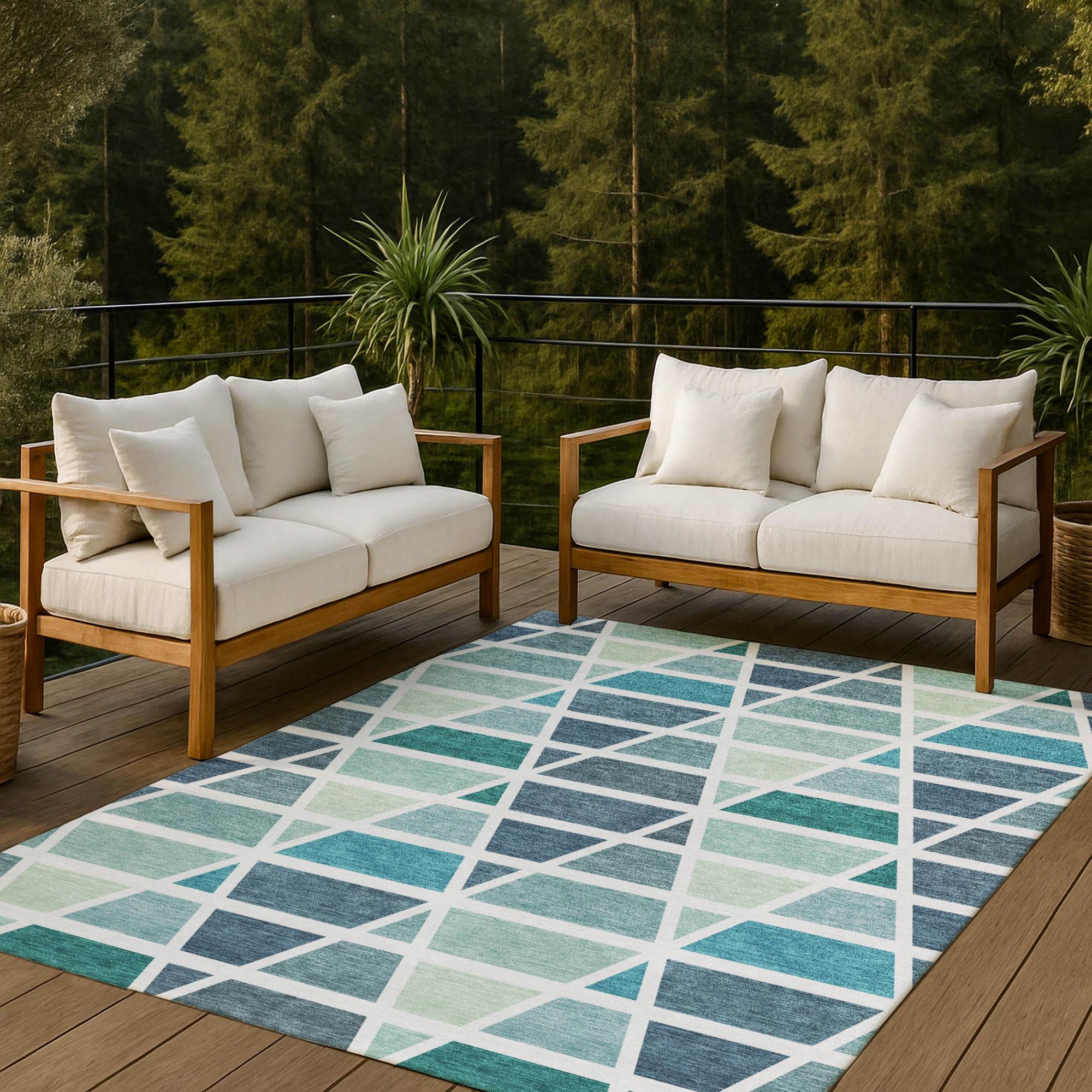 8' X 10' Teal Blue And White Geometric Washable Indoor Outdoor Area Rug Homeroots Outdoor