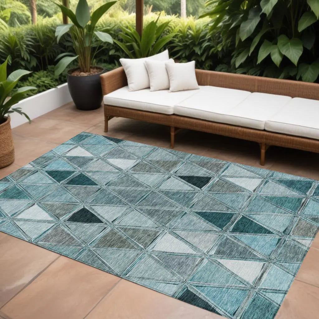 8' X 10' Teal Blue Aqua And Gray Geometric Washable Indoor Outdoor Area Rug Homeroots Outdoor