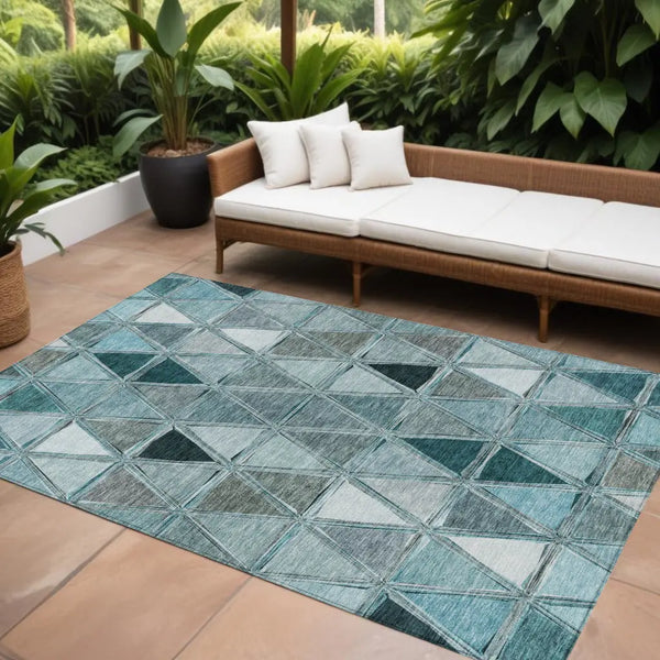 8' X 10' Teal Blue Aqua And Gray Geometric Washable Indoor Outdoor Area Rug Homeroots Outdoor