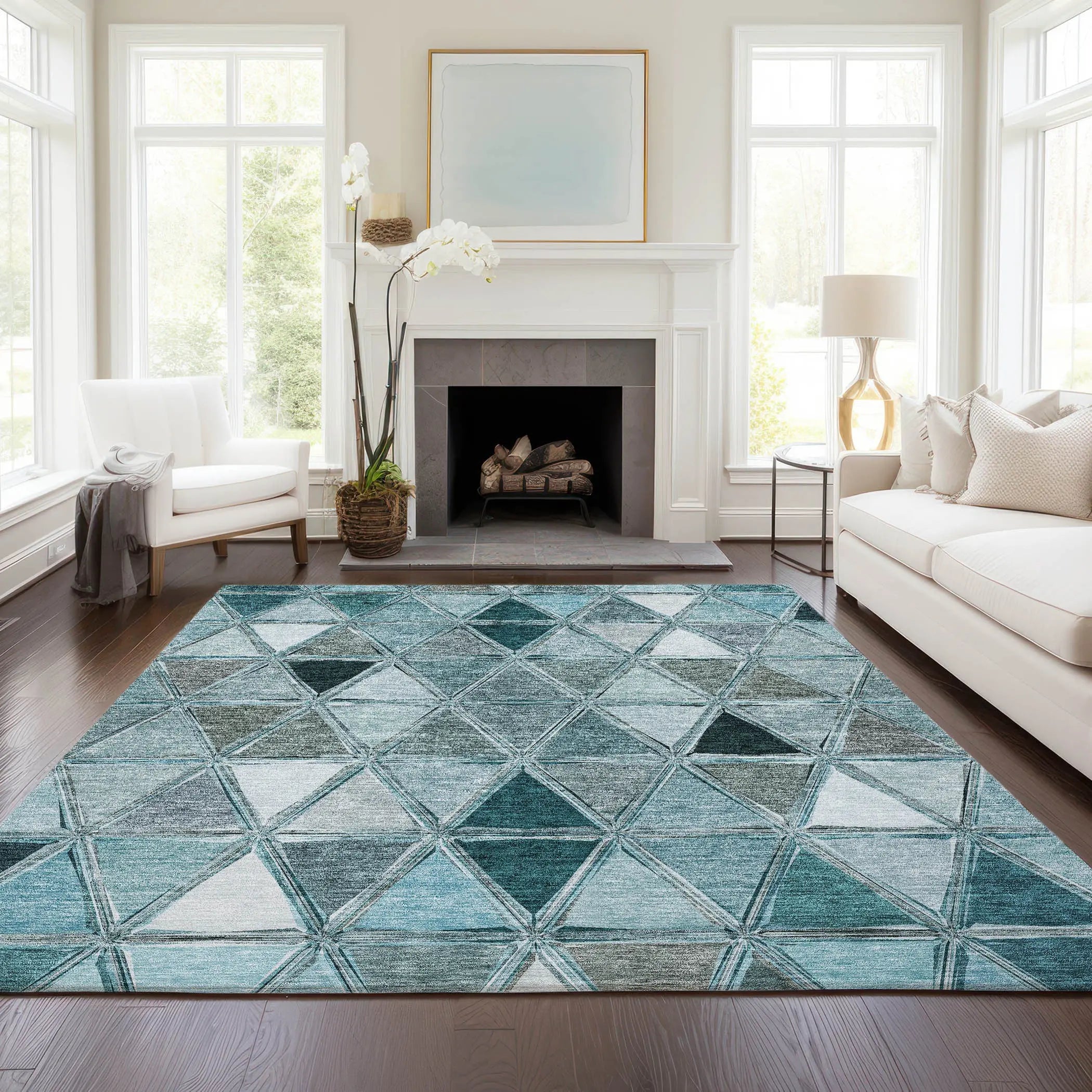 8' X 10' Teal Blue Aqua And Gray Geometric Washable Indoor Outdoor Area Rug Homeroots Outdoor