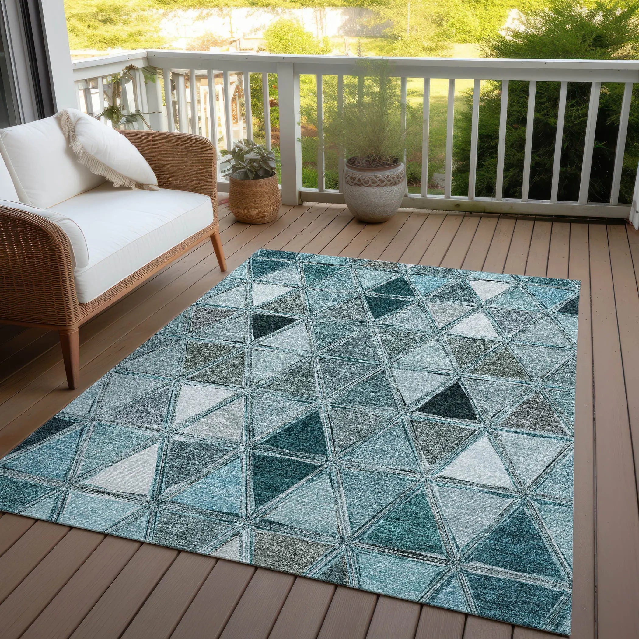 8' X 10' Teal Blue Aqua And Gray Geometric Washable Indoor Outdoor Area Rug Homeroots Outdoor