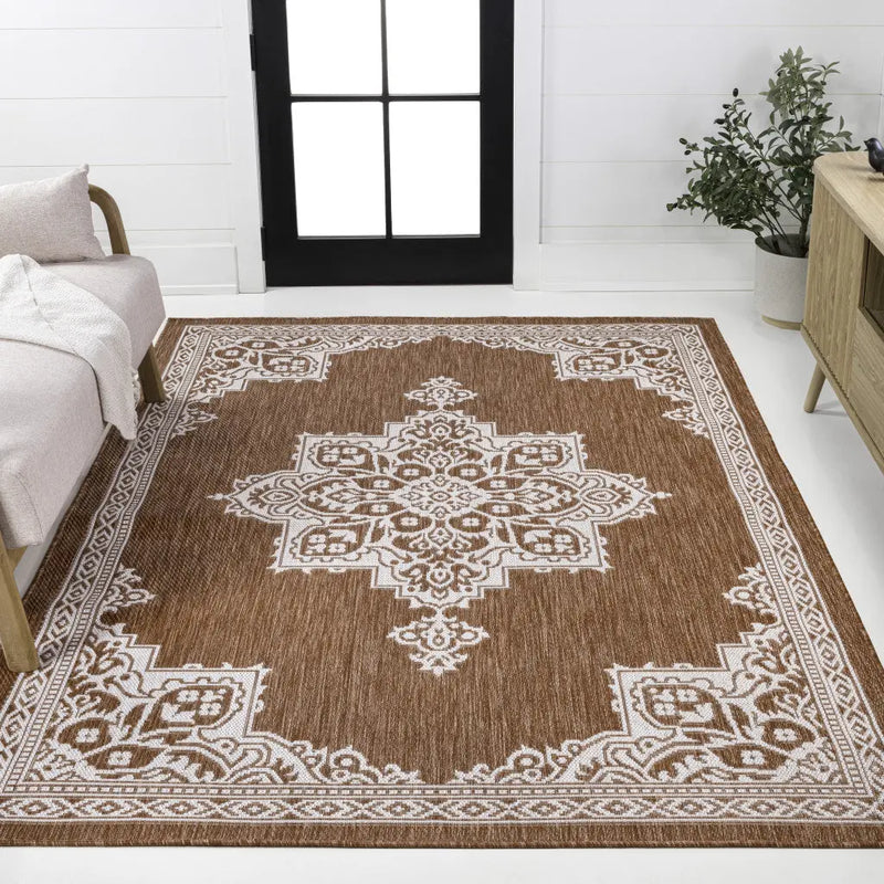 8' X 10' Terra Cotta And Cream Medallion Indoor Outdoor Area Rug Homeroots Outdoor