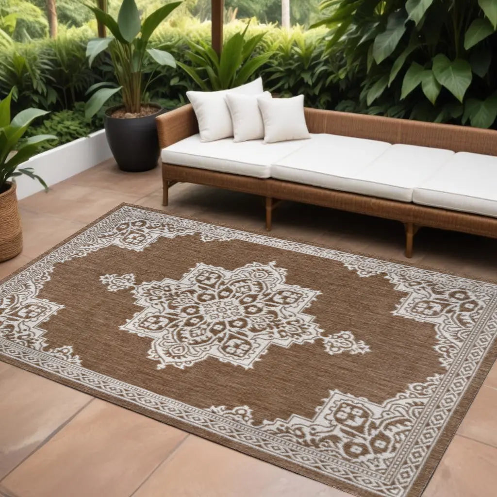8' X 10' Terra Cotta And Cream Medallion Indoor Outdoor Area Rug Homeroots Outdoor