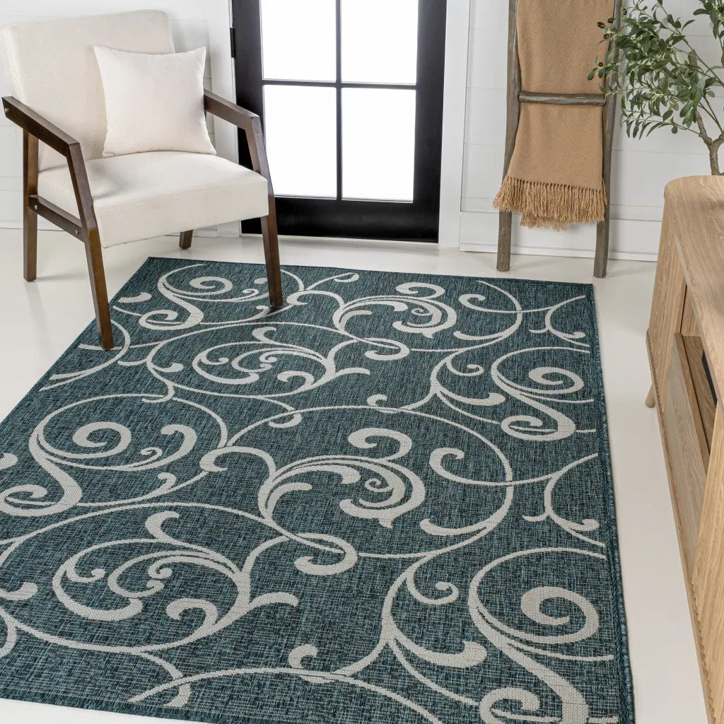 8' X 10' Turquoise And Cream Floral Indoor Outdoor Area Rug Homeroots Outdoor