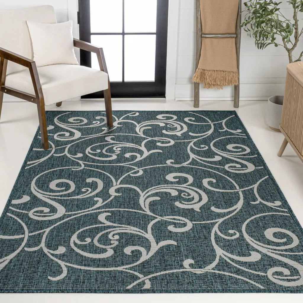 8' X 10' Turquoise And Cream Floral Indoor Outdoor Area Rug Homeroots Outdoor