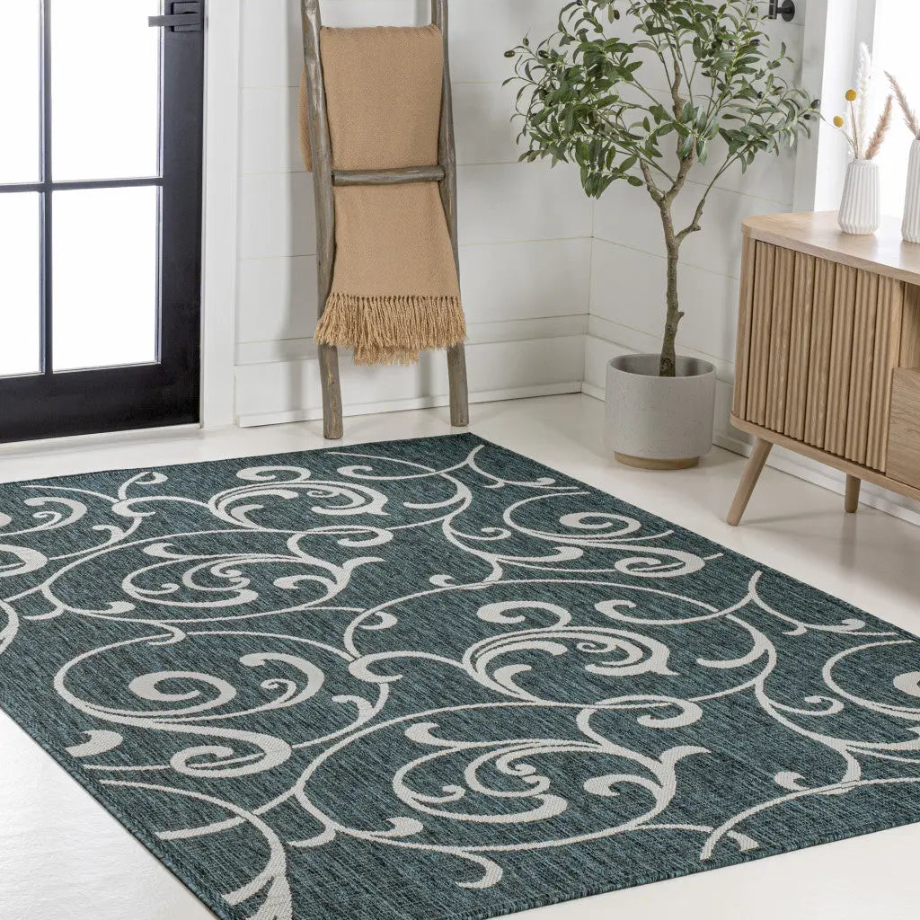 8' X 10' Turquoise And Cream Floral Indoor Outdoor Area Rug Homeroots Outdoor