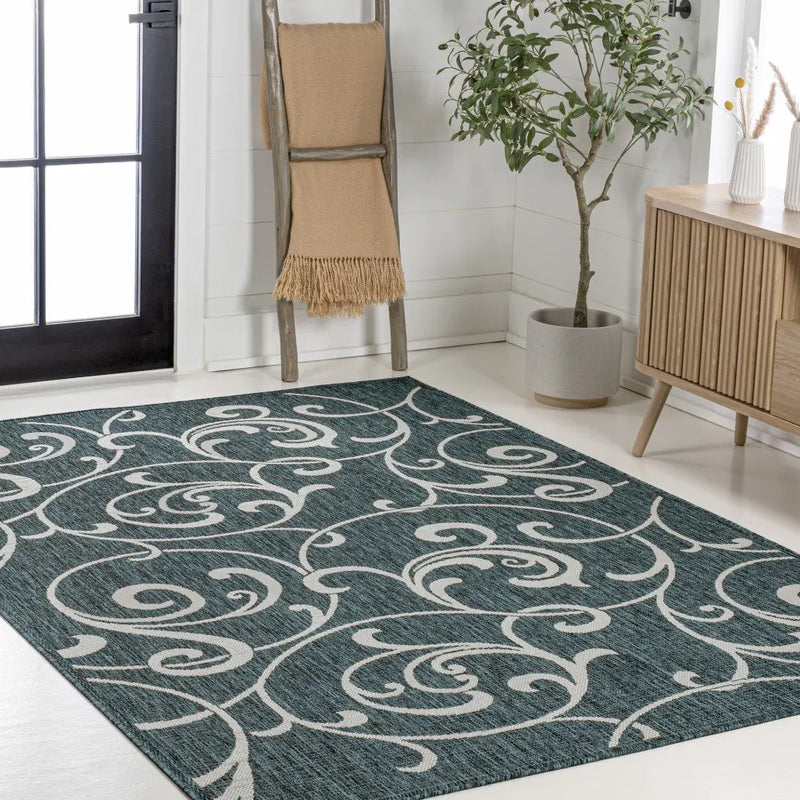 8' X 10' Turquoise And Cream Floral Indoor Outdoor Area Rug Homeroots Outdoor