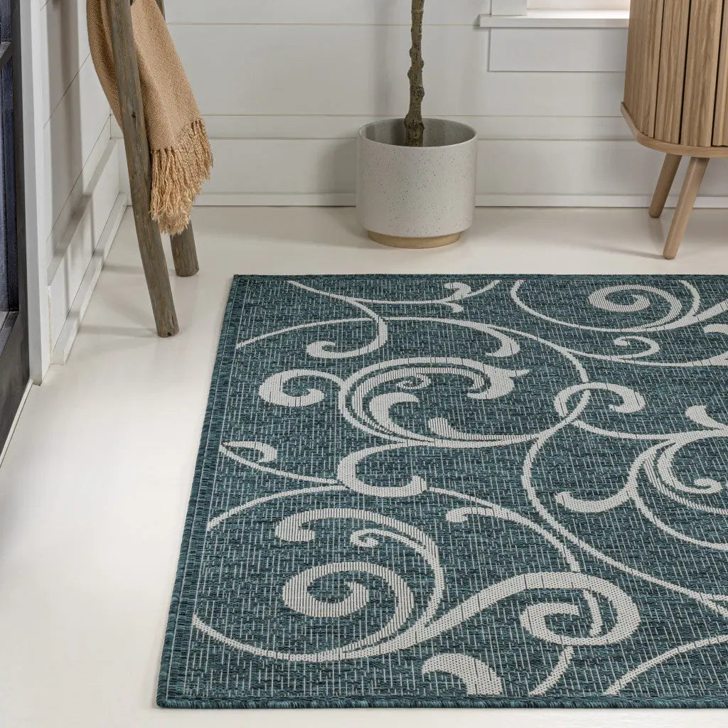 8' X 10' Turquoise And Cream Floral Indoor Outdoor Area Rug Homeroots Outdoor