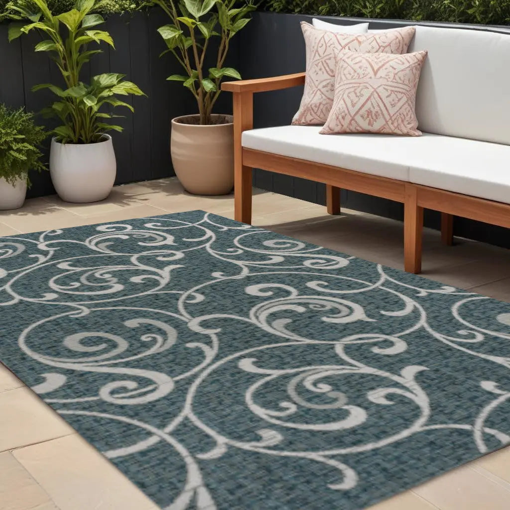 8' X 10' Turquoise And Cream Floral Indoor Outdoor Area Rug Homeroots Outdoor