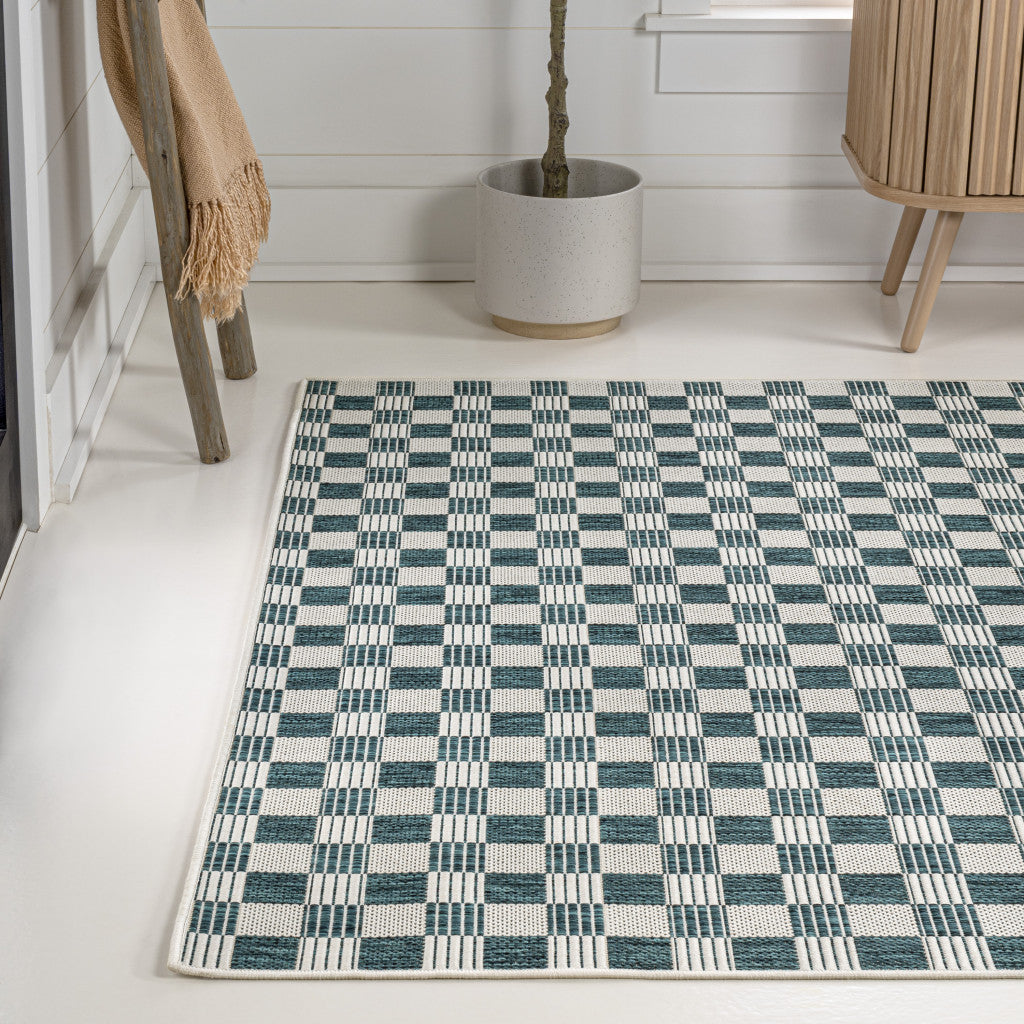 8' X 10' Turquoise And Cream Geometric Indoor Outdoor Area Rug - GreatEagleInc