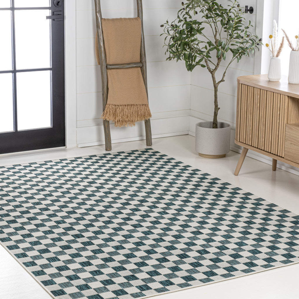 8' X 10' Turquoise And Cream Geometric Indoor Outdoor Area Rug - GreatEagleInc