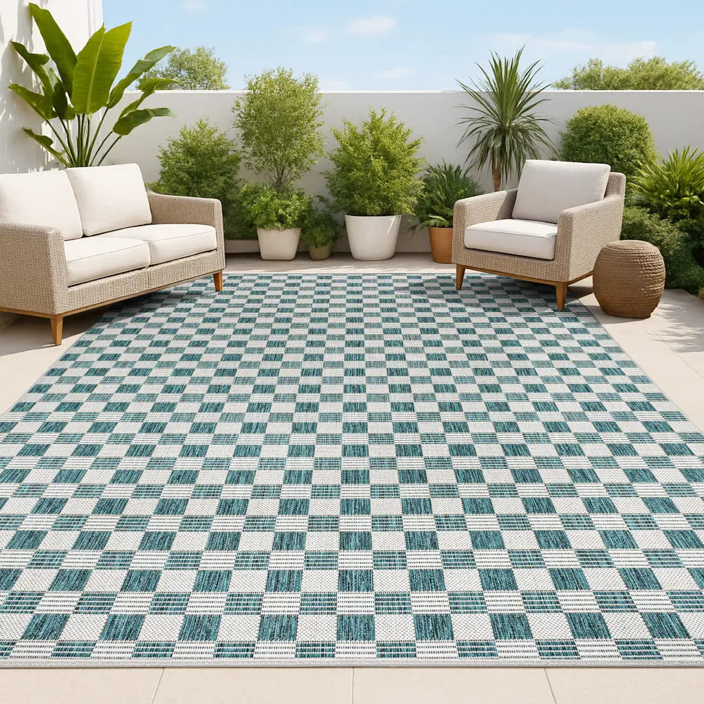 8' X 10' Turquoise And Cream Geometric Indoor Outdoor Area Rug - GreatEagleInc