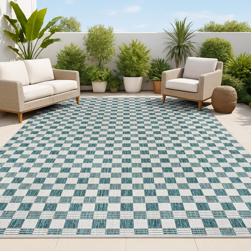 8' X 10' Turquoise And Cream Geometric Indoor Outdoor Area Rug - GreatEagleInc