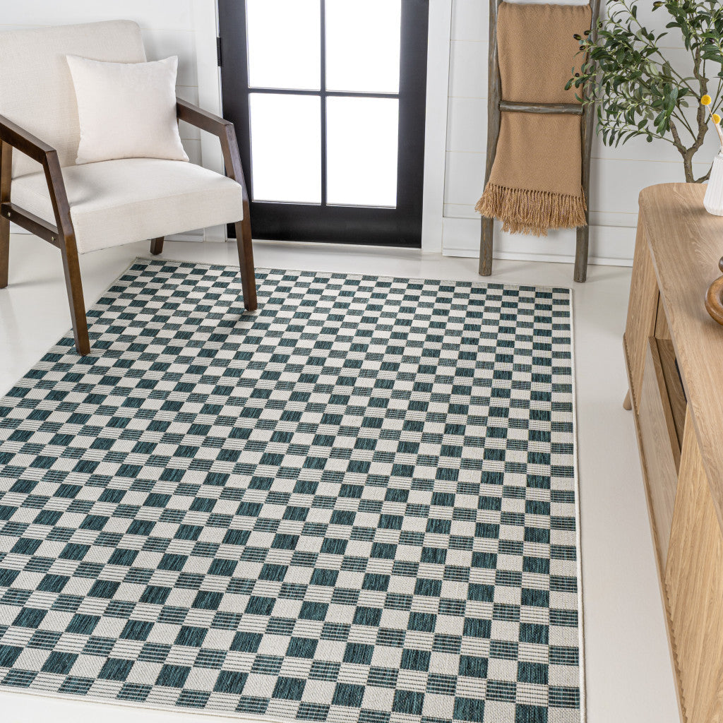 8' X 10' Turquoise And Cream Geometric Indoor Outdoor Area Rug - GreatEagleInc