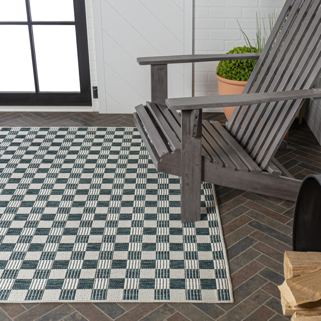 8' X 10' Turquoise And Cream Geometric Indoor Outdoor Area Rug - GreatEagleInc