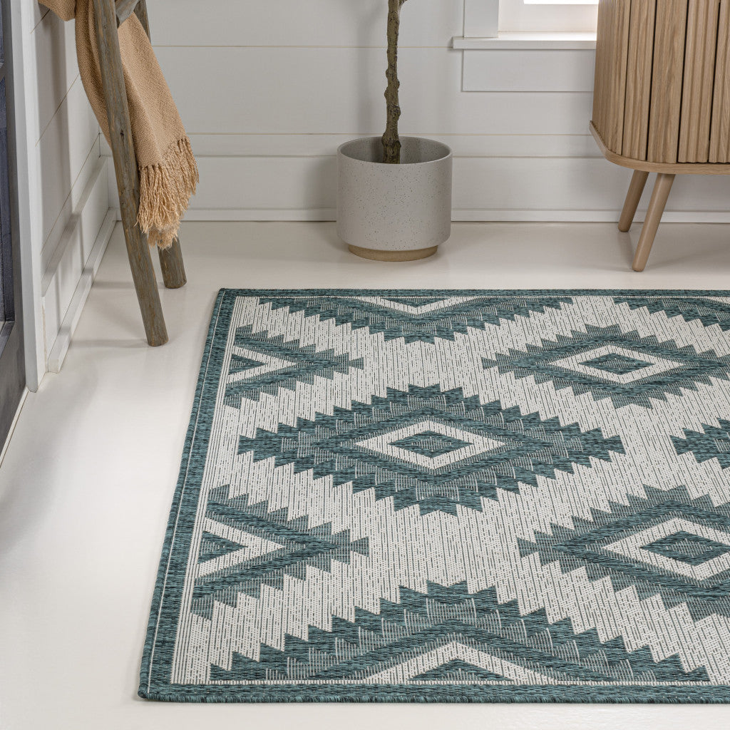 8' X 10' Turquoise And Cream Moroccan Indoor Outdoor Area Rug - GreatEagleInc