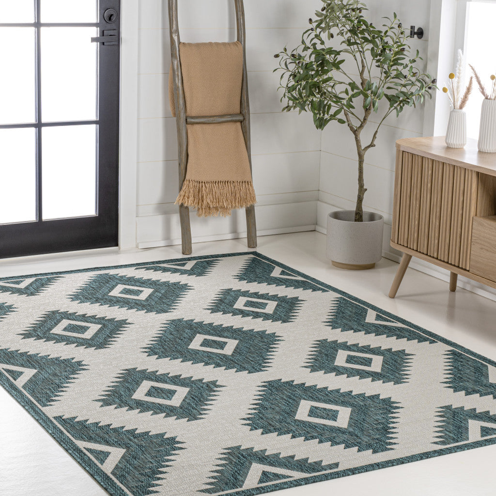8' X 10' Turquoise And Cream Moroccan Indoor Outdoor Area Rug - GreatEagleInc