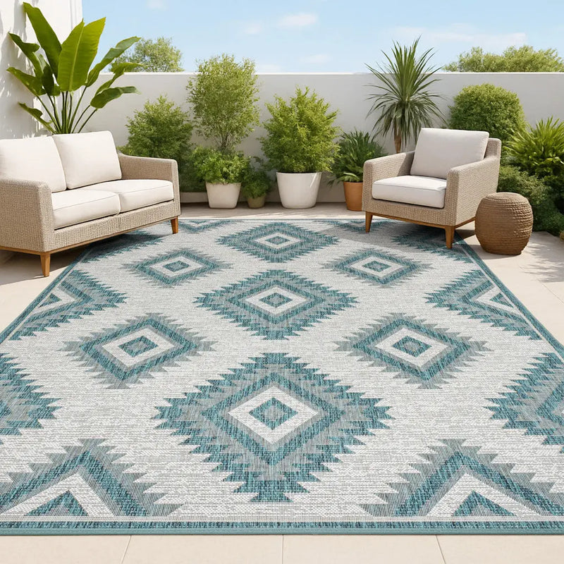8' X 10' Turquoise And Cream Moroccan Indoor Outdoor Area Rug - GreatEagleInc