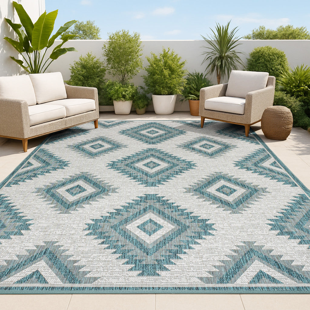 8' X 10' Turquoise And Cream Moroccan Indoor Outdoor Area Rug - GreatEagleInc