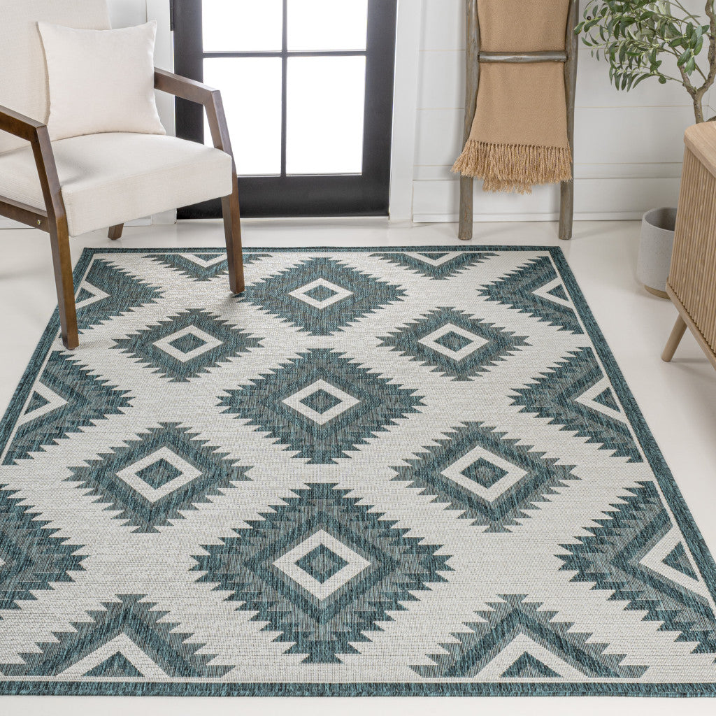 8' X 10' Turquoise And Cream Moroccan Indoor Outdoor Area Rug - GreatEagleInc